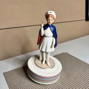 Schmid Vintage Nurse Figurine Music Box Sankyo Japan Hand Painted Ceramic Statue